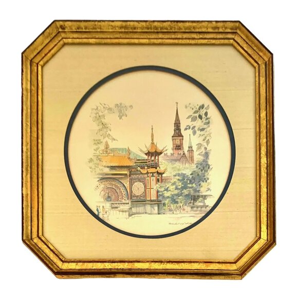 Town From the World Collection Cityscape Art on Fabric Framed Vintage Decor Art